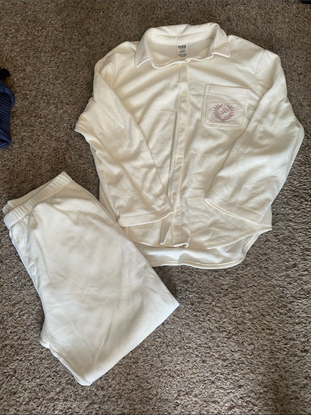 PINK Victoria's Secret Cream fleece Pajama Set with Pink Embroidered Crest